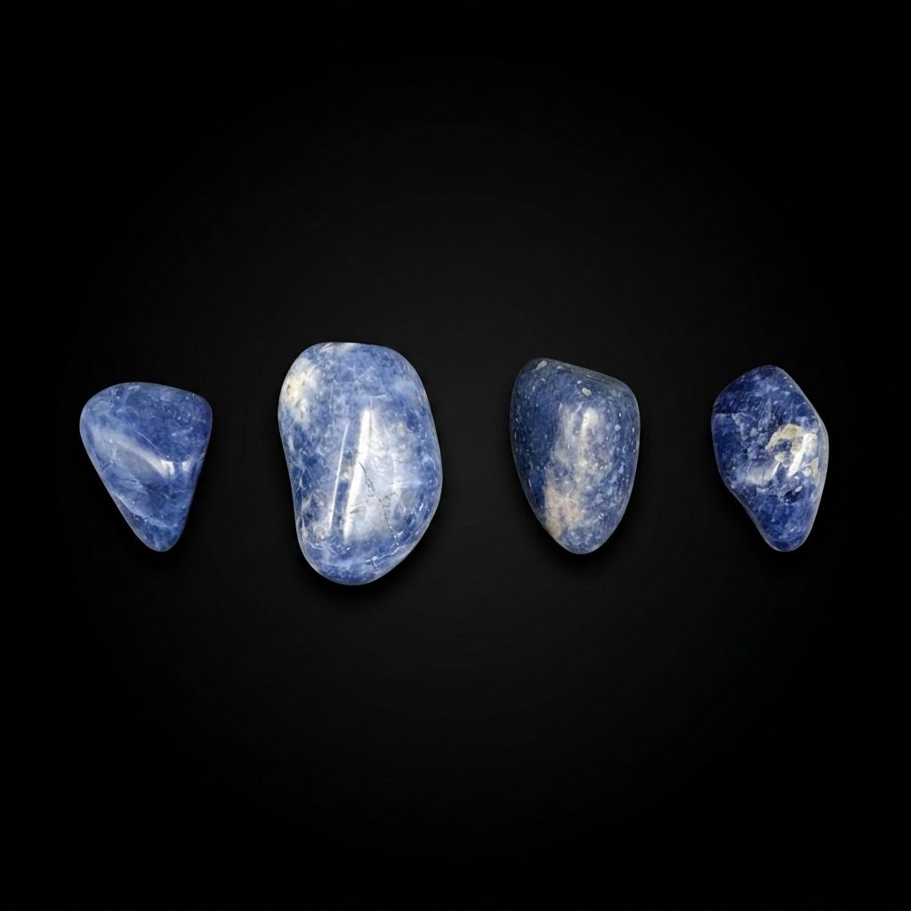 High-quality, small polished Sodalite tumble stones against a dark background, showcasing natural rich blue and white patterns