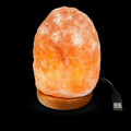 Angled front view of a natural Himalayan salt lamp with wooden base and USB cable, featuring a multicolour 7 chakra LED light design.