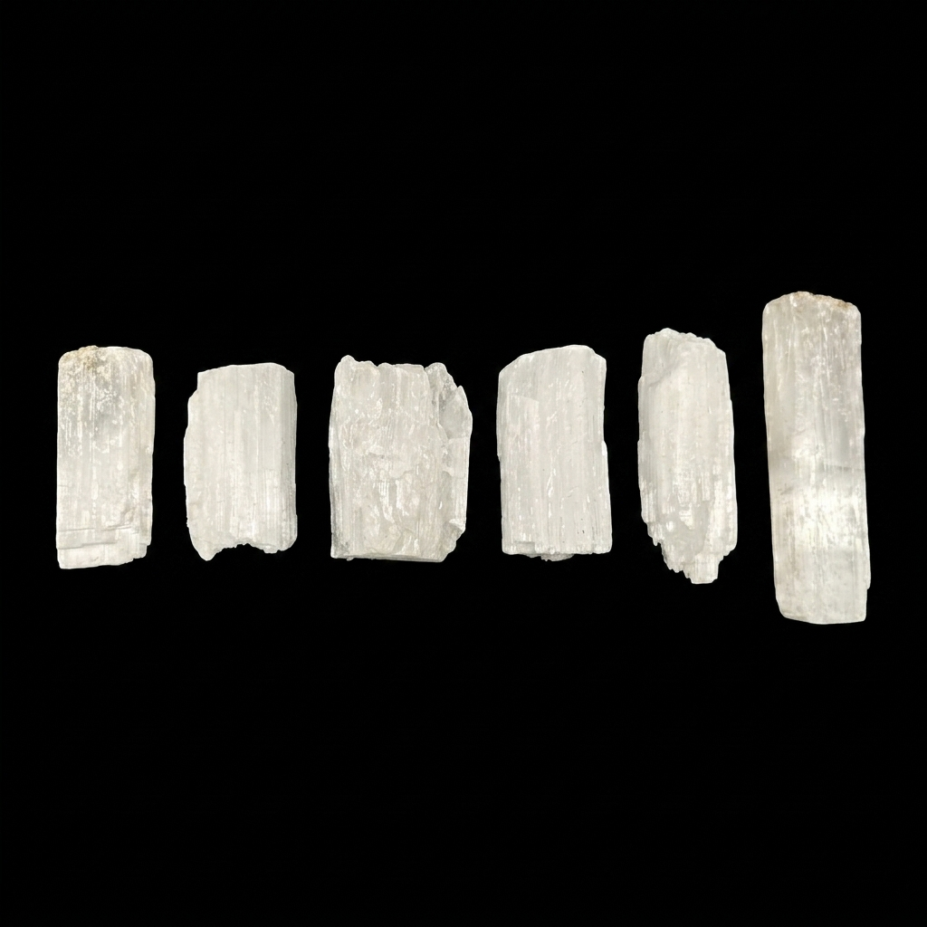 High-quality raw selenite specimens with natural fibrous texture and pearly white colour, displayed on a neutral background