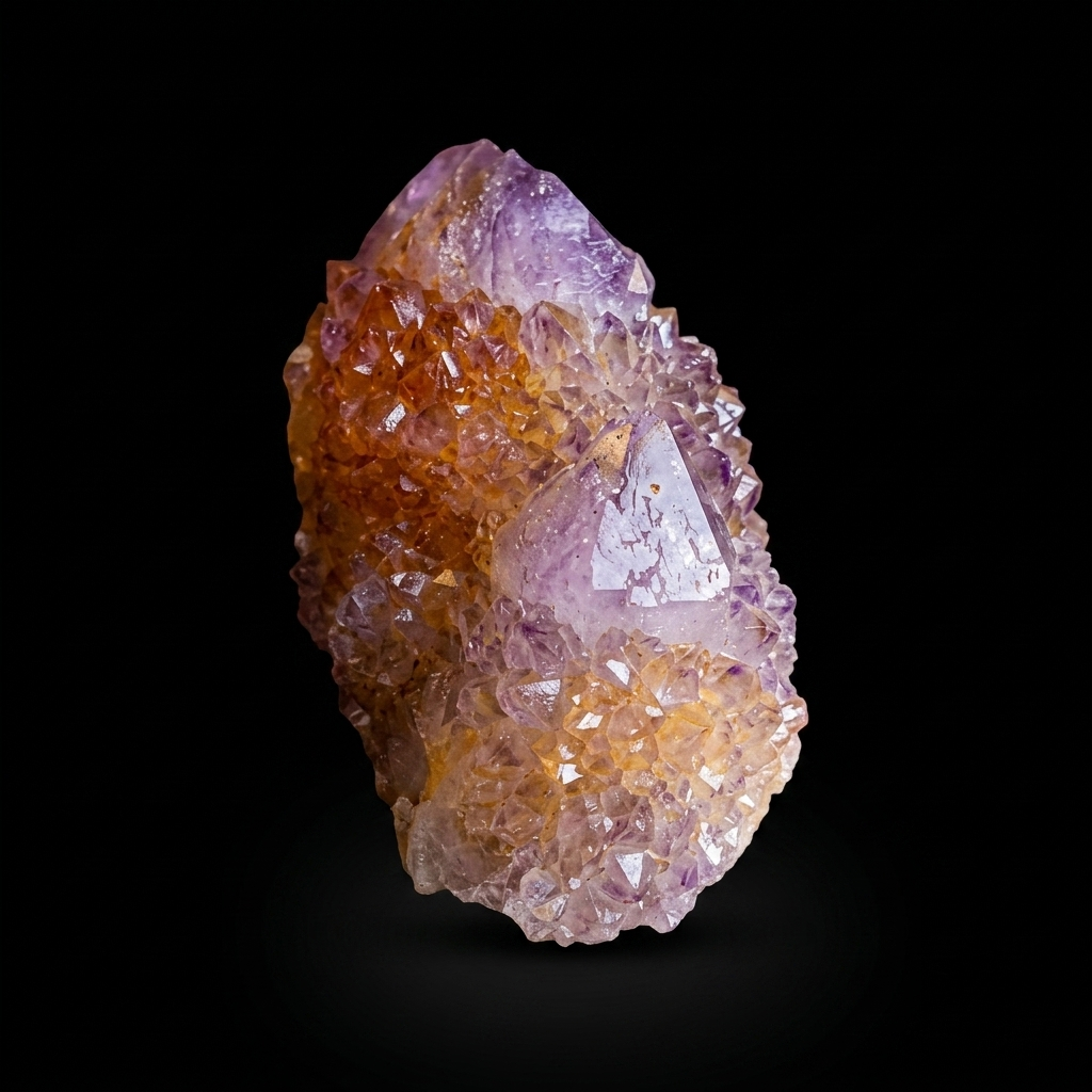 Close-up of the intricate detail and crystal structure of a unique Spirit Amethyst cactus formation