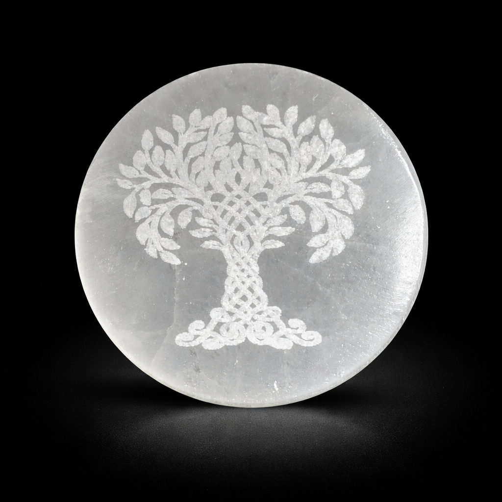 Engraved Selenite (Disc) – Tree of Life in natural light | HeyMiner